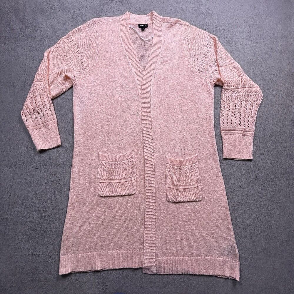 Torrid Long Duster Cardigan Womens 2 Blush Pink Open Front Knit Pointelle